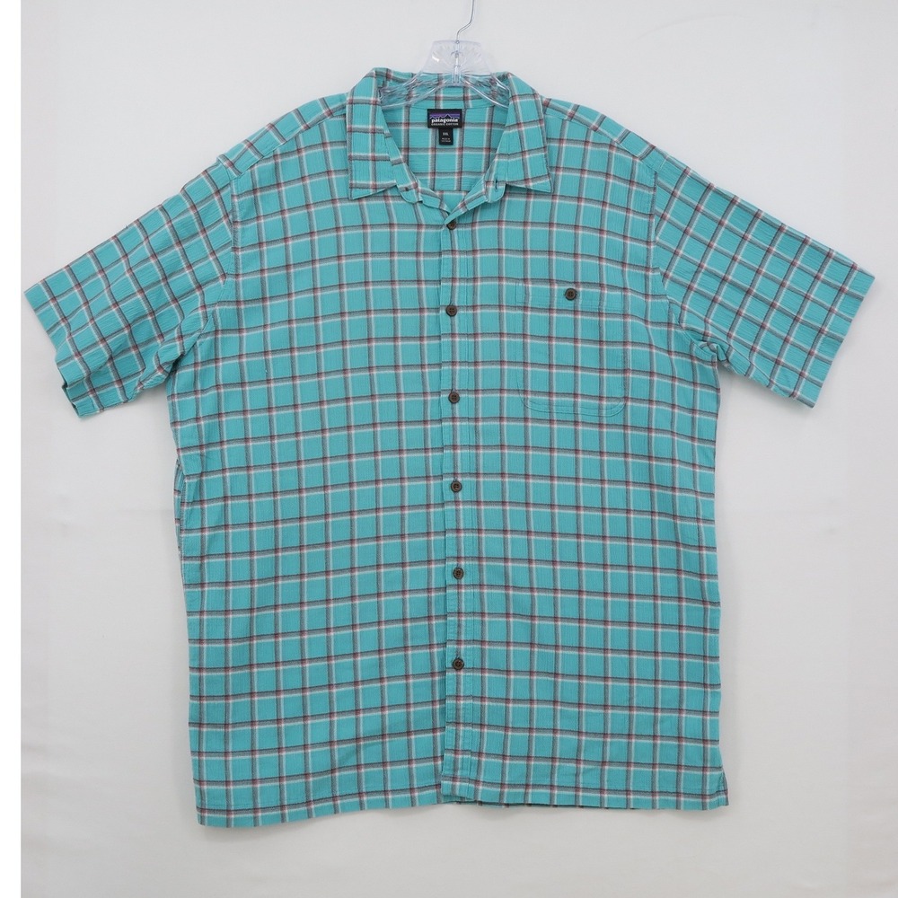 Patagonia Mens XXL Organic Cotton Plaid Short Sleeve Button Down Shirt Turquoise